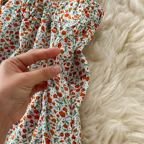 Floral Chiffon Square Neck Puff Sleeve Two Piece Skirt Set